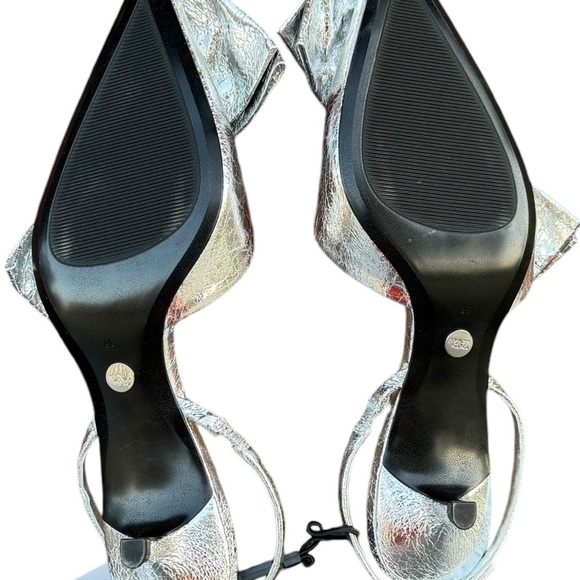 NWT Zara Silver Metallic Bow EU 38 Pointed Toe Slingback Kitten Heel - Picture 11 of 11